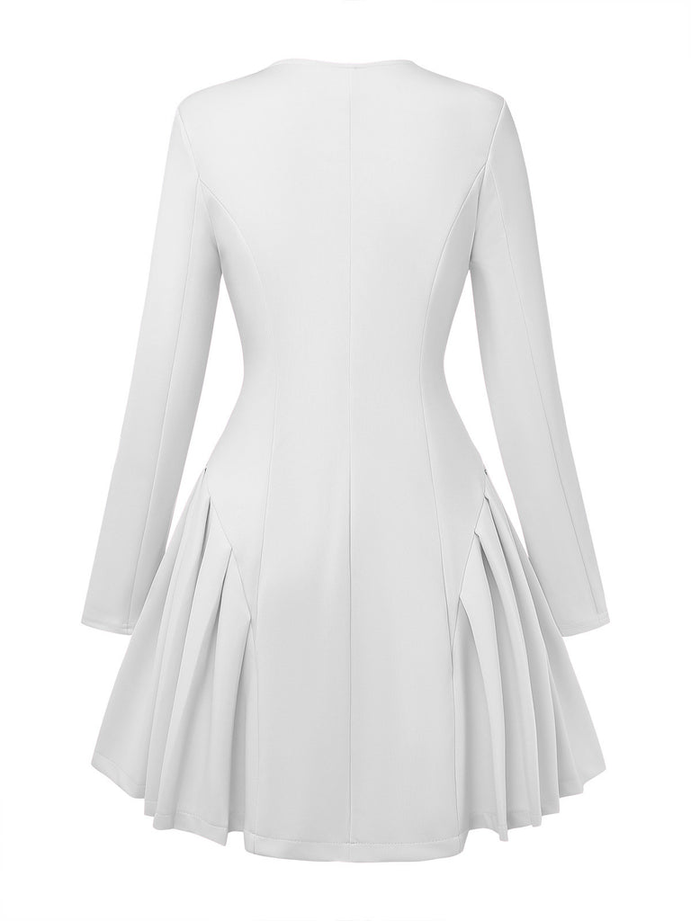 1950s Sweetheart Neck Long Sleeve Solid Pleated Dress
