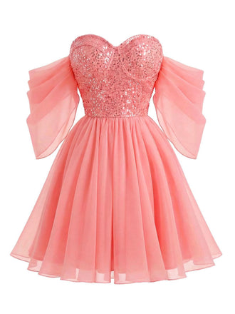 Pink 1950s Sequin Mesh Off-Shoulder Dress