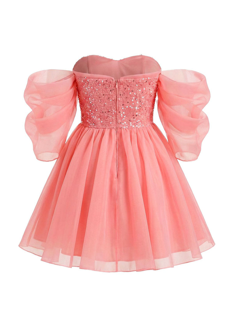 Pink 1950s Sequin Mesh Off-Shoulder Dress