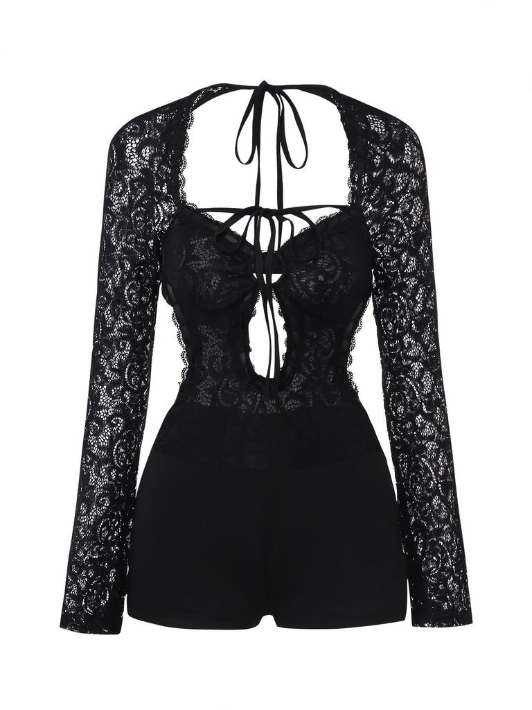 Black 1950s Lace Long Sleeve Cutout Bodysuit Romper