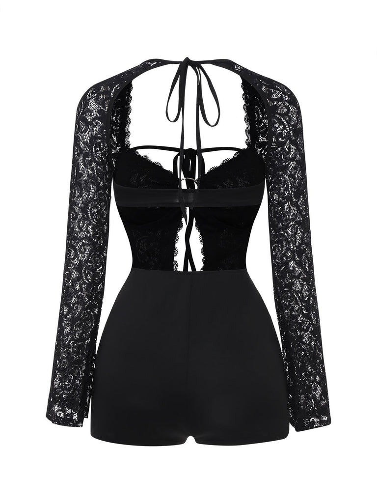 Black 1950s Lace Long Sleeve Cutout Bodysuit Romper