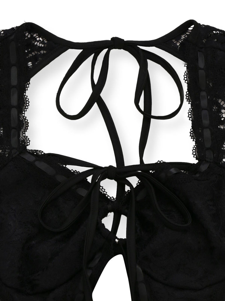 Black 1950s Lace Long Sleeve Cutout Bodysuit Romper