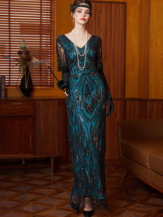 Blue Green 1920s Sequin Beads V-Neck Maxi Dress