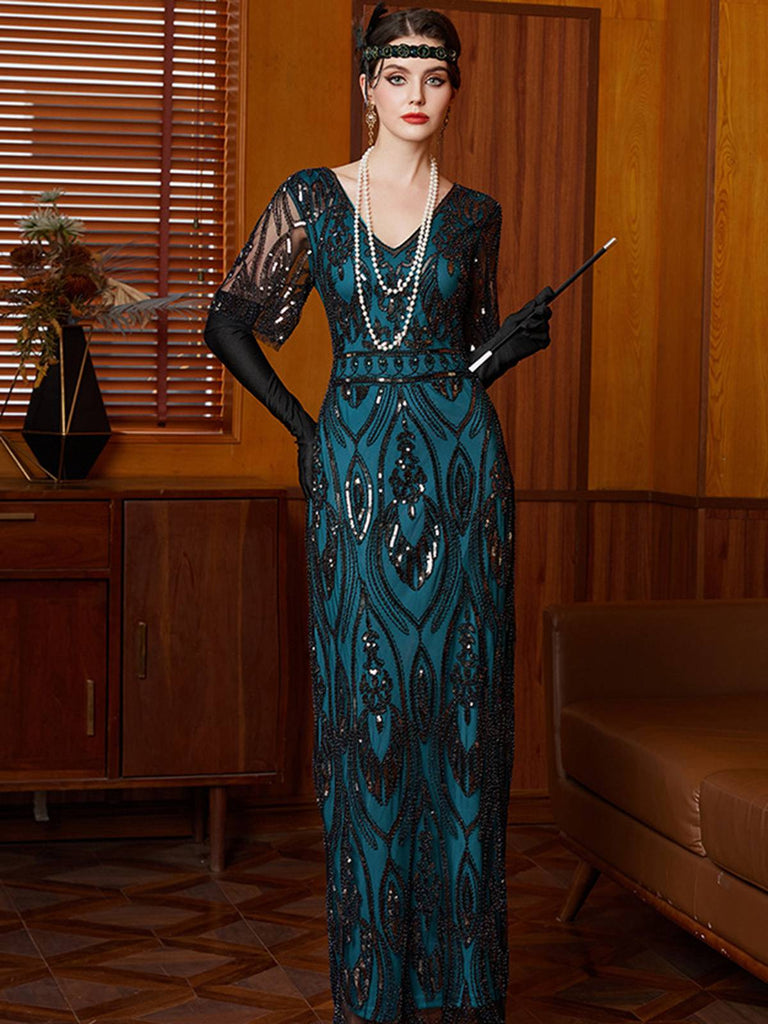 Blue Green 1920s Sequin Beads V-Neck Maxi Dress