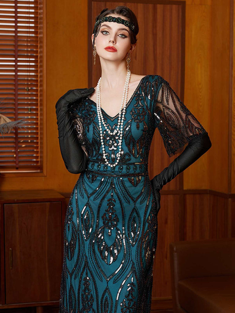 Blue Green 1920s Sequin Beads V-Neck Maxi Dress