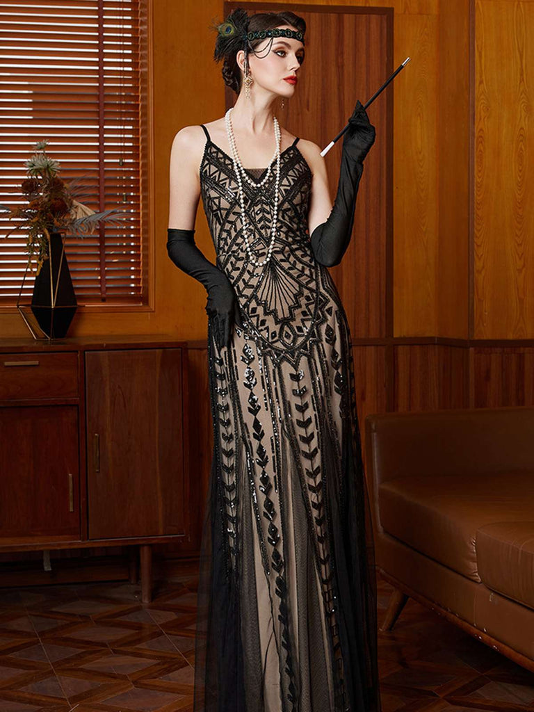 Black 1920s Gatsby Sequin Mesh Maxi Evening Dress