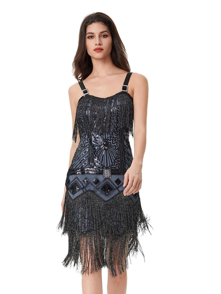 Blue Grey 1920s Sequined Tassel Ball Beaded Slip Dress