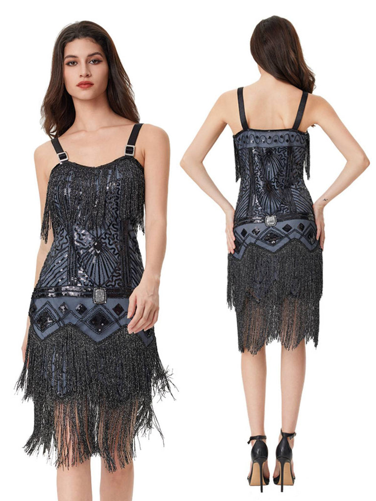 Blue Grey 1920s Sequined Tassel Ball Beaded Slip Dress
