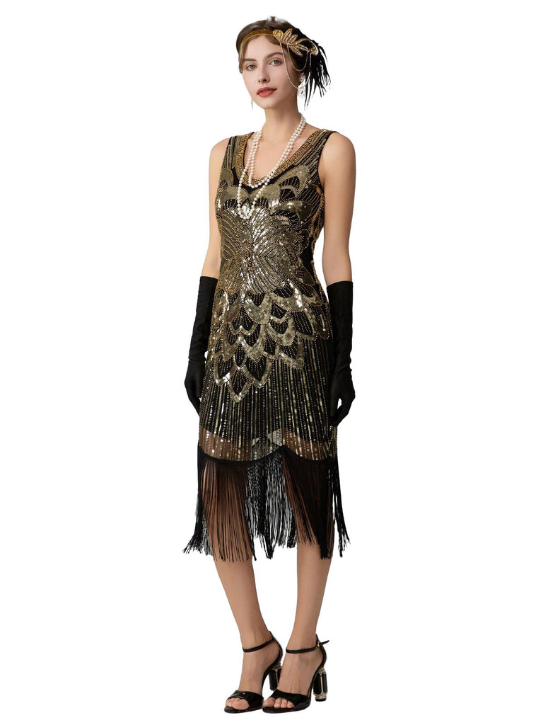1920s Sequin Fringe Sleeveless U-Neck Flapper Dress