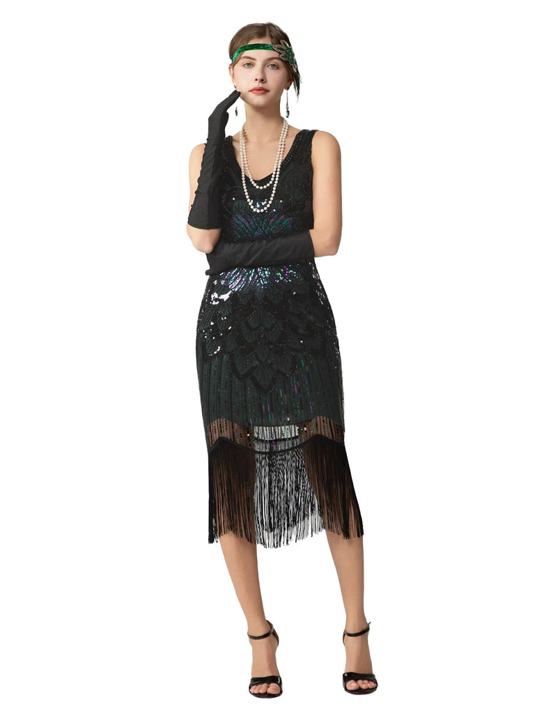 1920s Sequin Fringe Sleeveless U-Neck Flapper Dress