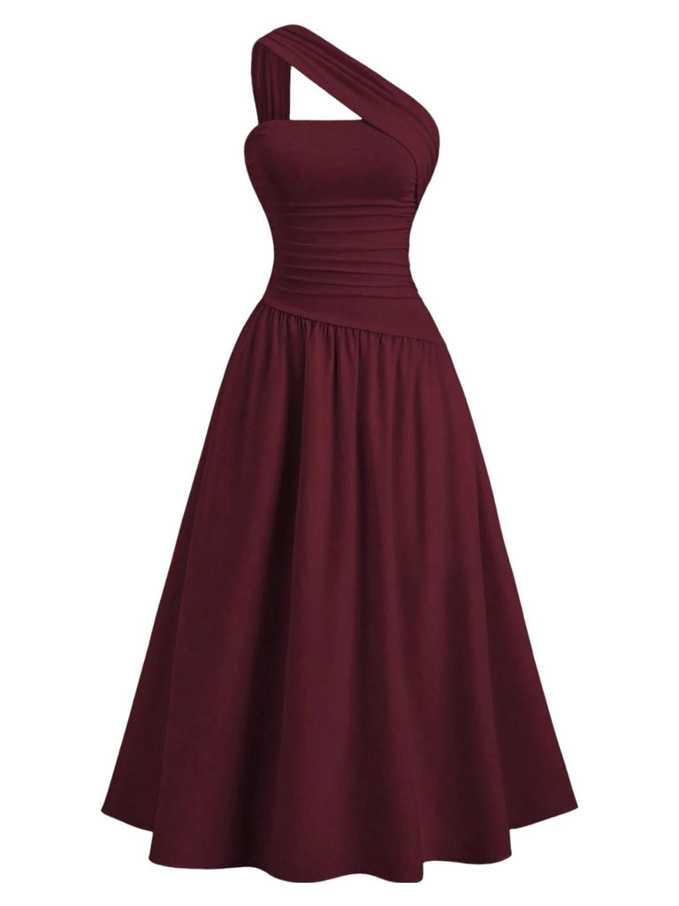 1930s Solid Surplice One-Shoulder Waist Ruched Dress