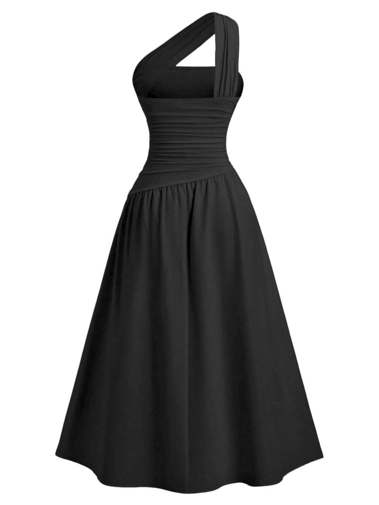 1930s Solid Surplice One-Shoulder Waist Ruched Dress