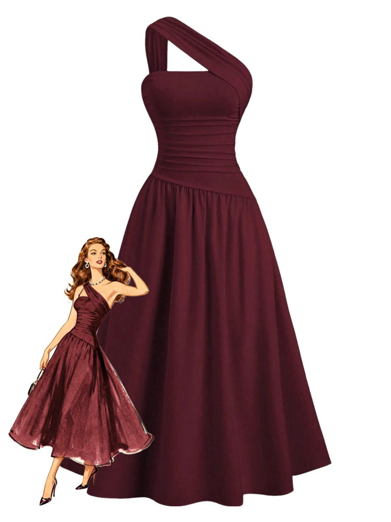 1930s Solid Surplice One-Shoulder Waist Ruched Dress