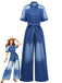 Denim 1970s Lapel Button Belted Waist Jumpsuit