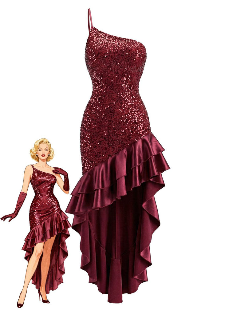 Red 1930s One-Shoulder Sequin Ruffled High-Low Dress