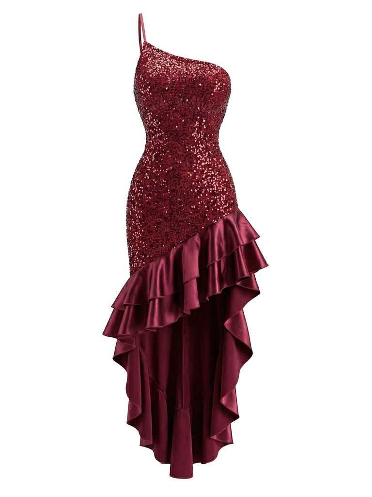 Red 1930s One-Shoulder Sequin Ruffled High-Low Dress