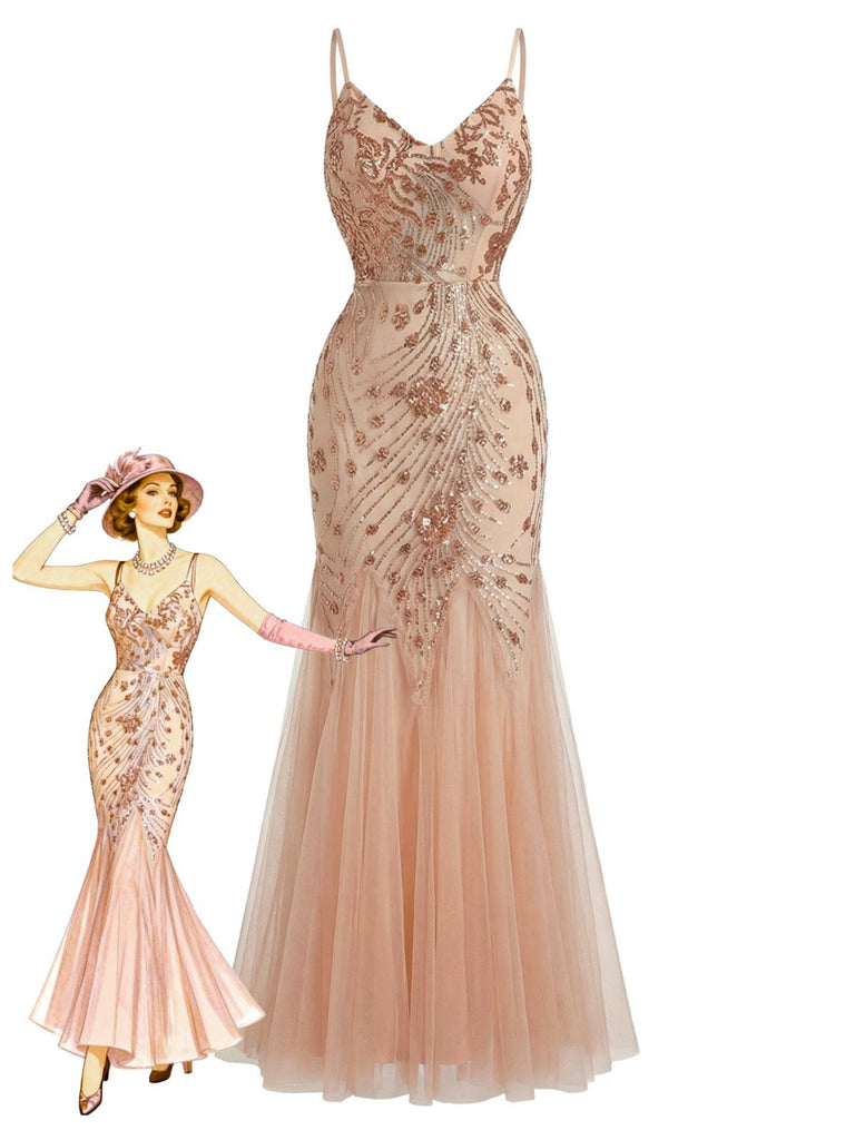 Beige 1920s Sequin Mesh Backless Mermaid Evening Dress