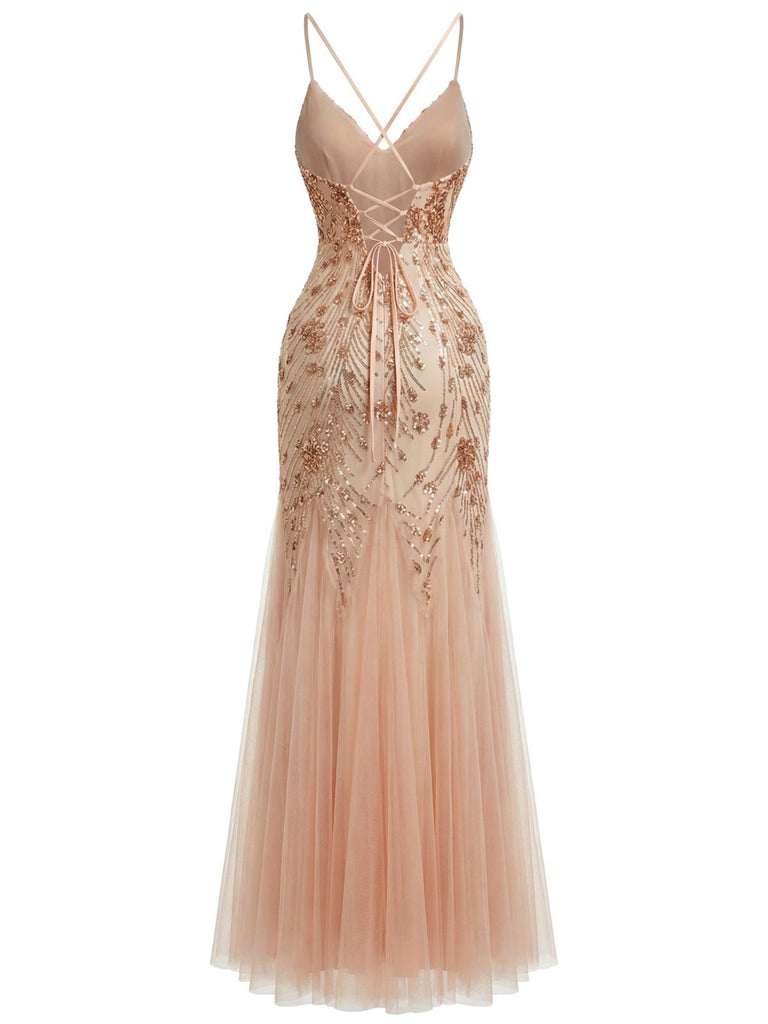 Beige 1920s Sequin Mesh Backless Mermaid Evening Dress