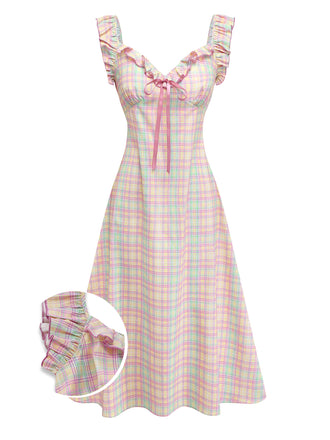 1950s Pastel Plaid Ruffled Bow Sweetheart Neck Swing Dress
