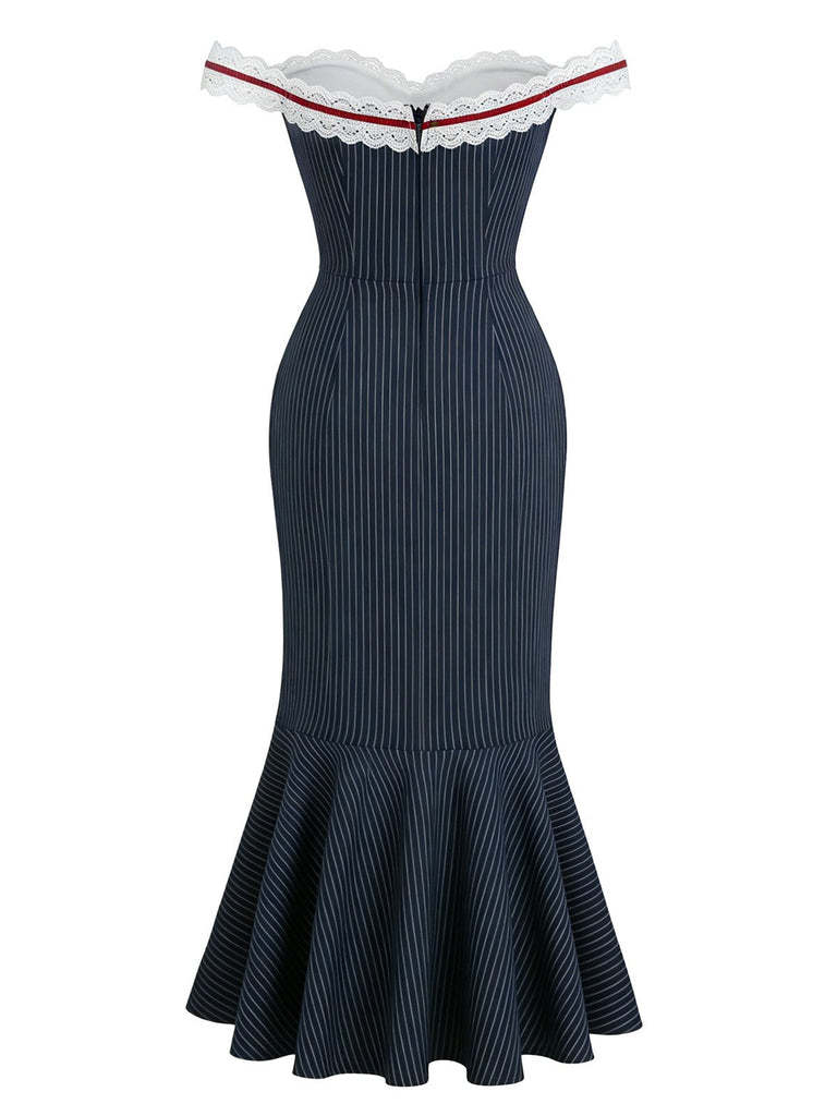 [Pre-Sale] Blue 1930s Striped Lace Bow Fishtail Dress