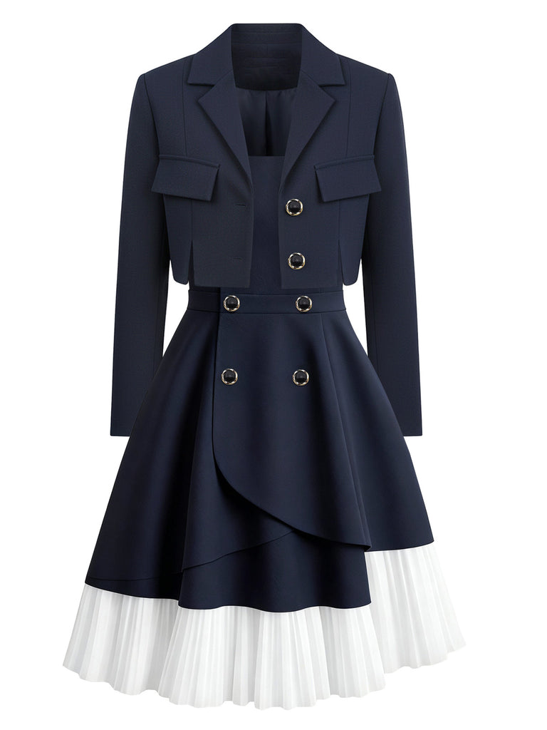 [Pre-Sale] 2PCS Dark Blue 1950s Cropped Jacket & Lace Pinafore Dress
