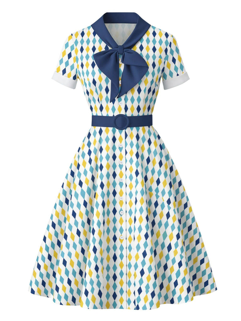 [Pre-Sale] Multicolor 1950s Argyle Bow Collar Belted Dress