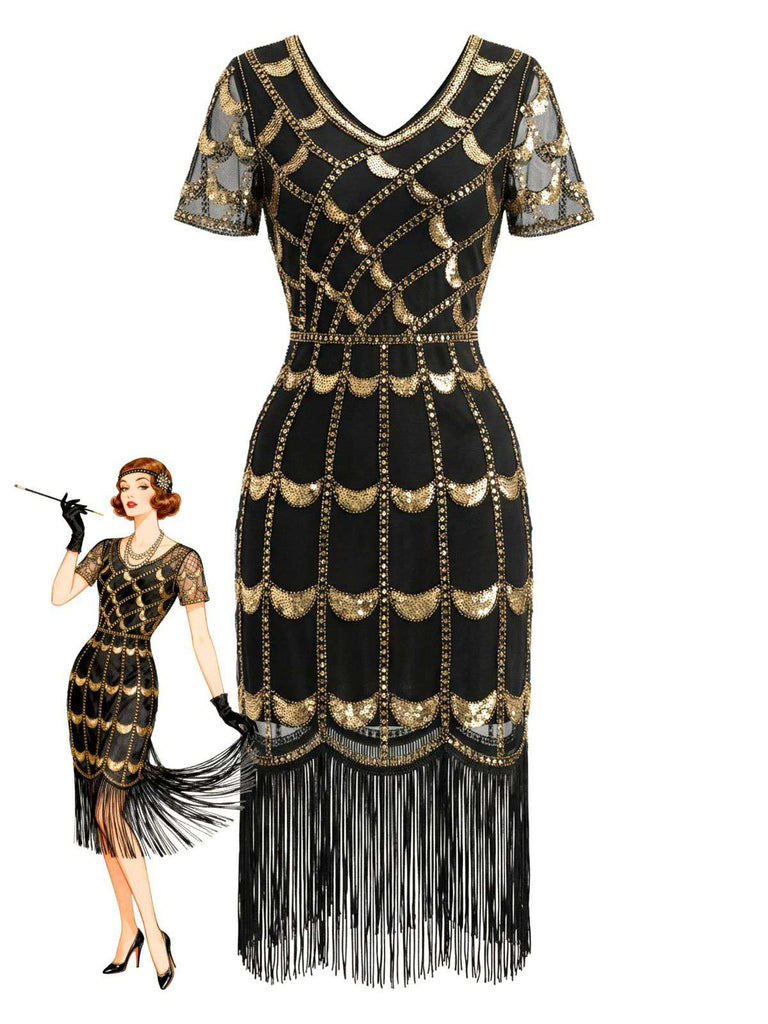 1920s Sequin Beaded Fringe Flapper Dress