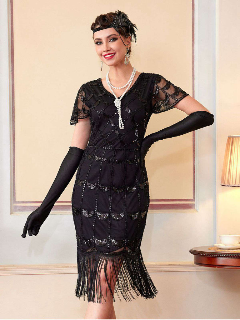 1920s Sequin Beaded Fringe Flapper Dress