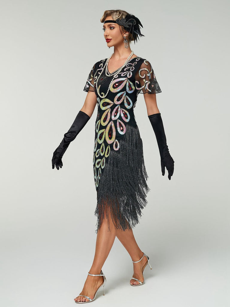 Black 1920s Peacock Sequin Beaded Fringe Flapper Dress