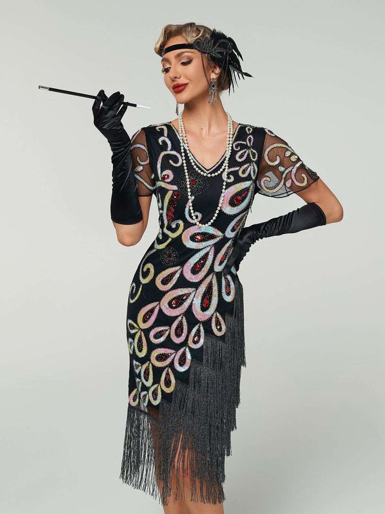 Black 1920s Peacock Sequin Beaded Fringe Flapper Dress