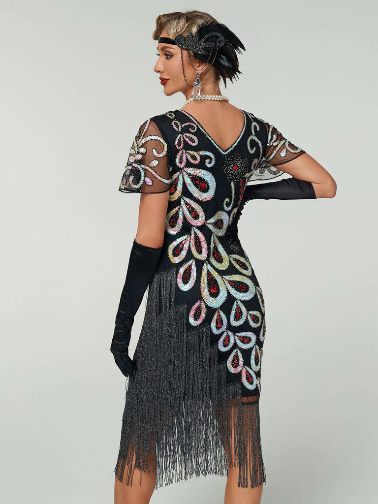 Black 1920s Peacock Sequin Beaded Fringe Flapper Dress