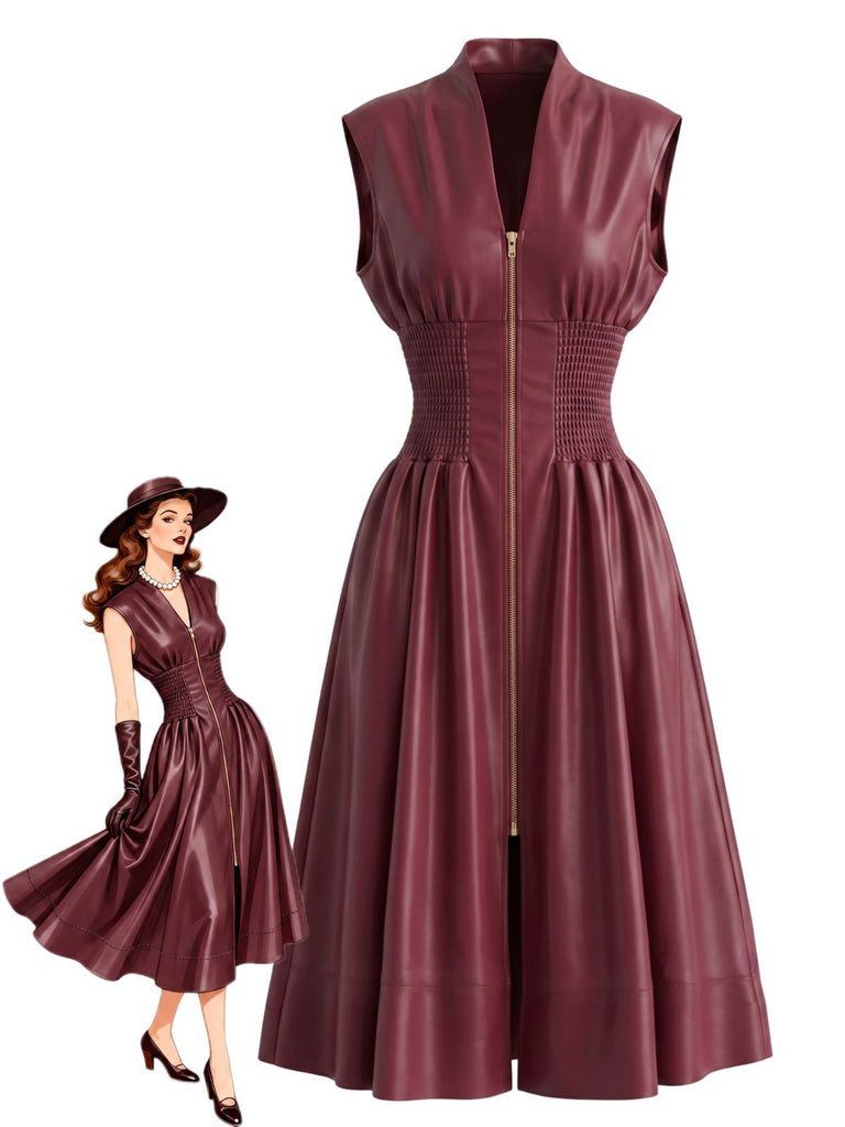 Burgundy 1940s Faux Leather Cap Sleeve Waisted Dress