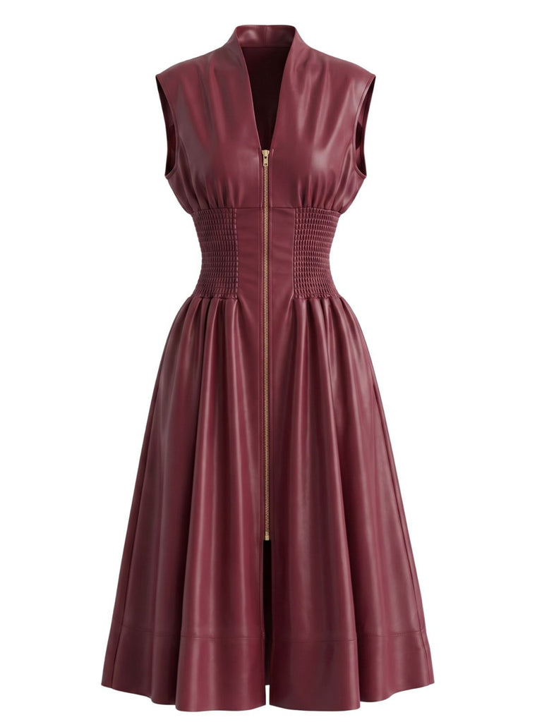 Burgundy 1940s Faux Leather Cap Sleeve Waisted Dress