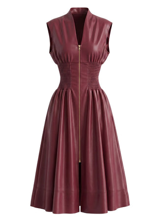 Burgundy 1940s Faux Leather Cap Sleeve Waisted Dress