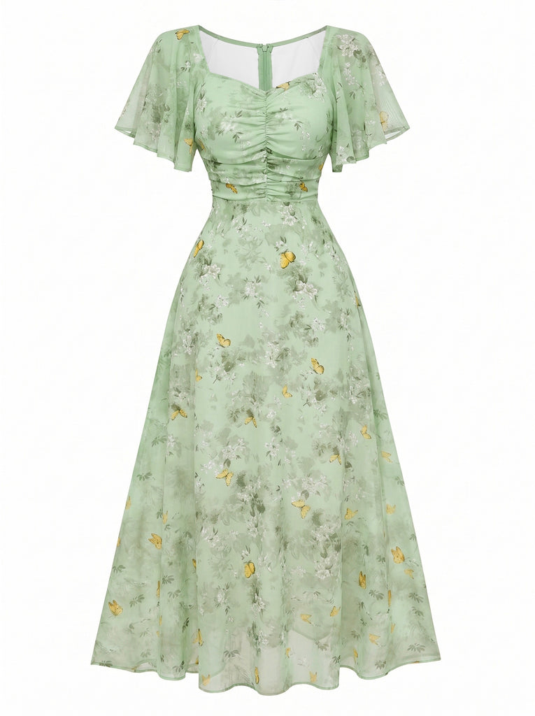 Yellow 1930s Butterfly Flutter Sleeve Chiffon Dress, vintage dress, retro fashion - perfect for women who love vintage and retro fashion