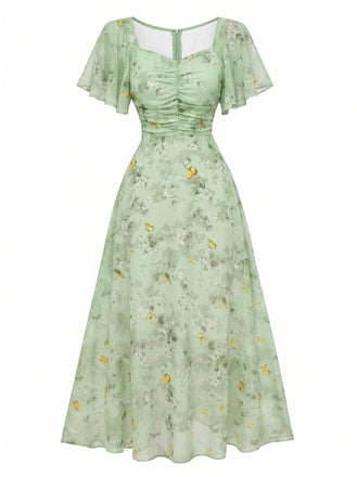Yellow 1930s Butterfly Flutter Sleeve Chiffon Dress, vintage dress, retro fashion - perfect for women who love vintage and retro fashion