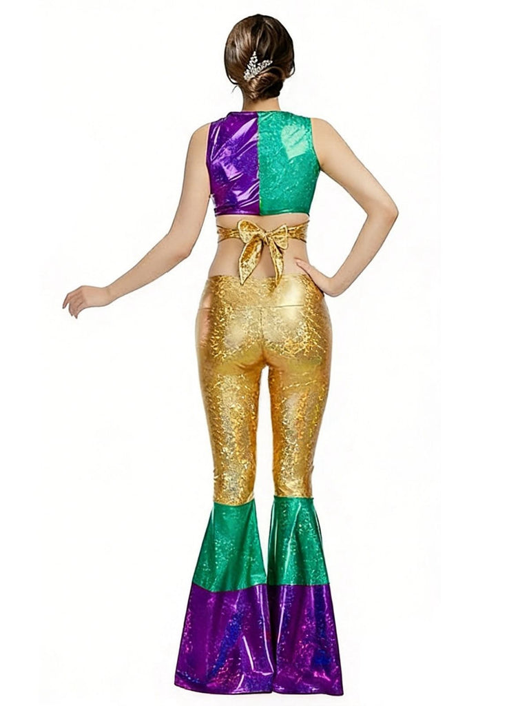 2PCS 1970s Metallic Crop Top & Flare Pants