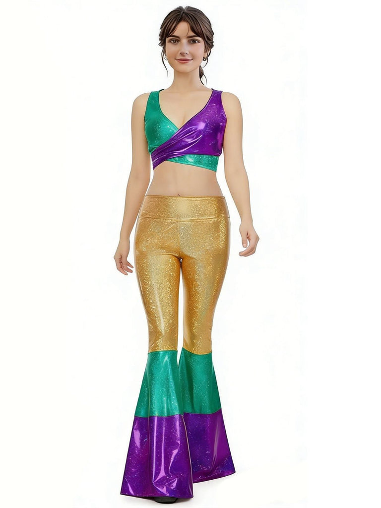 2PCS 1970s Metallic Crop Top & Flare Pants