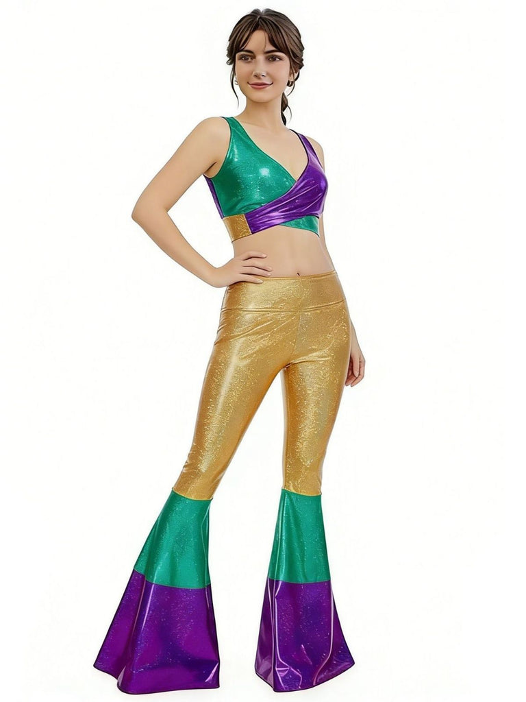2PCS 1970s Metallic Crop Top & Flare Pants