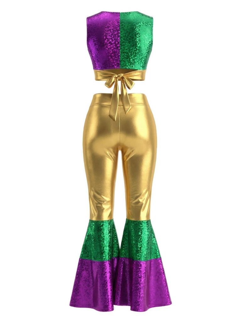 2PCS 1970s Metallic Crop Top & Flare Pants