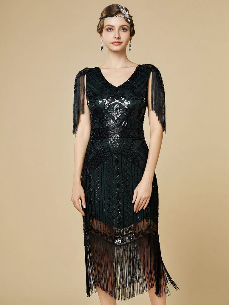1920s Sequin Fringe Flapper V-Neck Dress