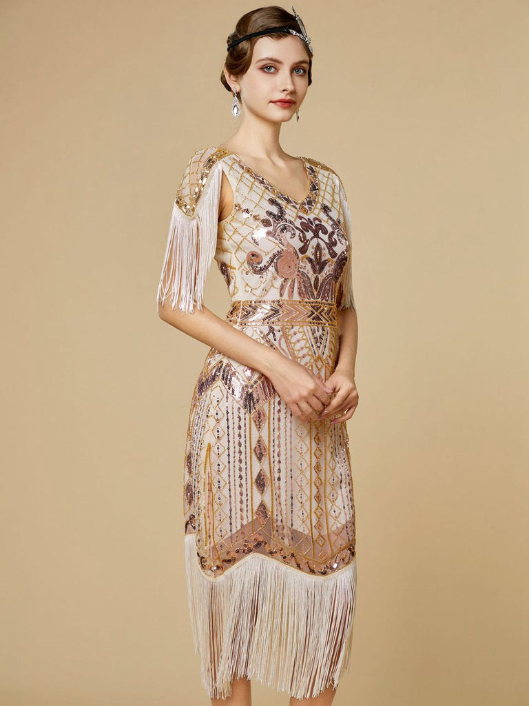 1920s Sequin Fringe Flapper V-Neck Dress