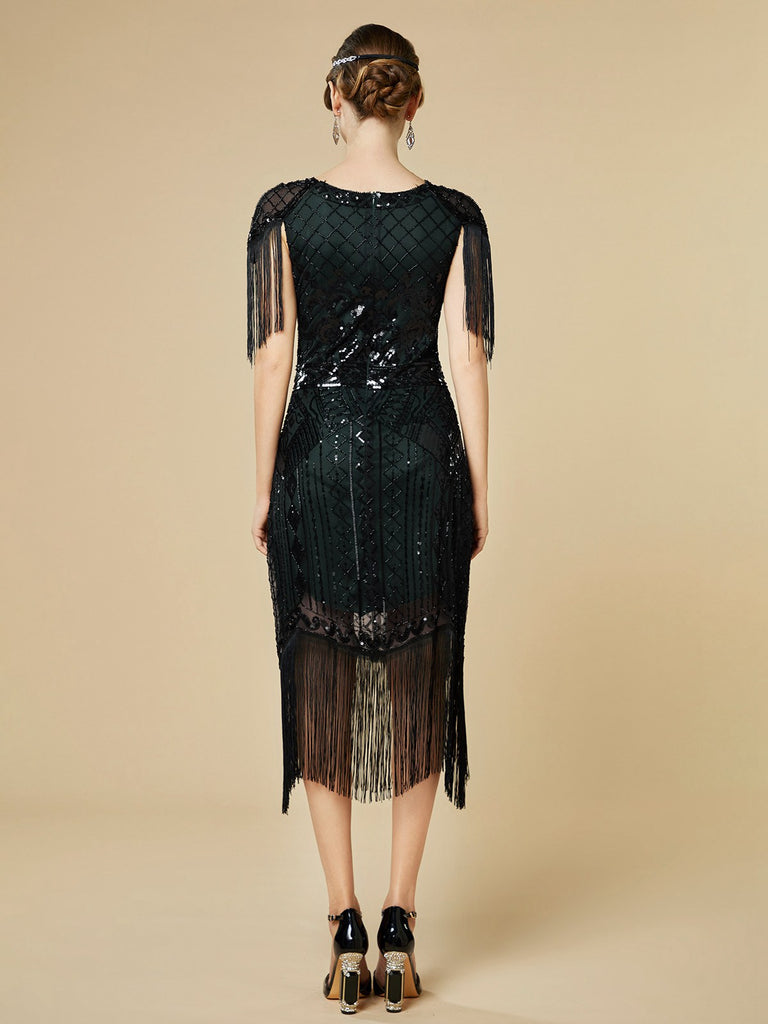 1920s Sequin Fringe Flapper V-Neck Dress