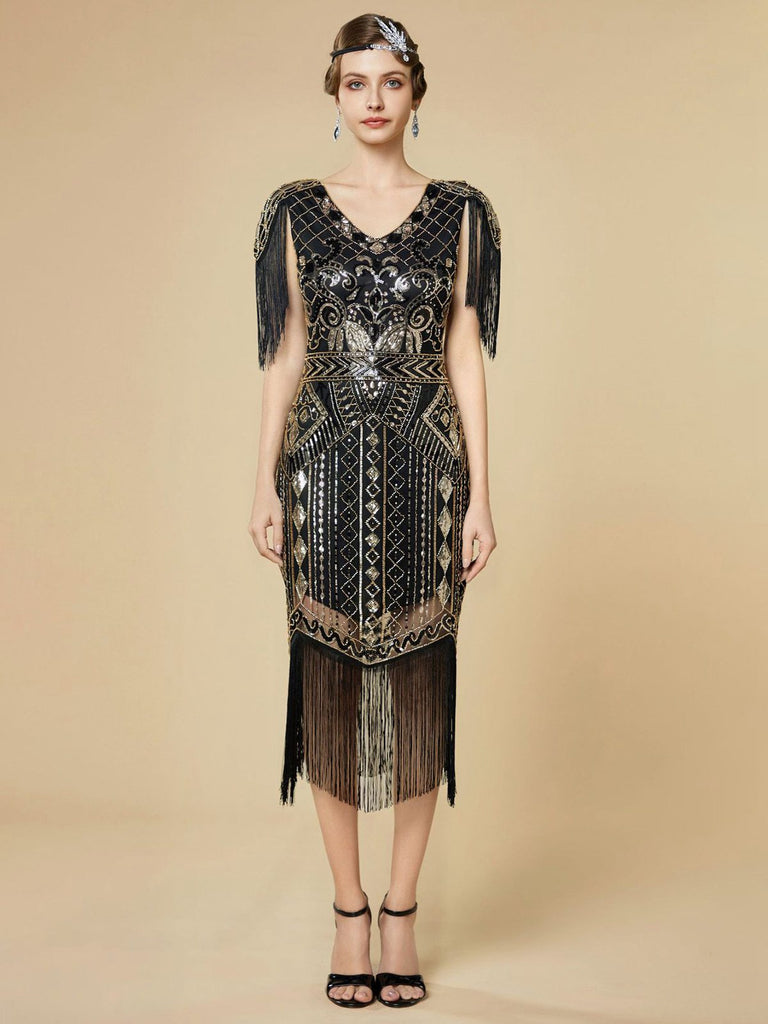 1920s Sequin Fringe Flapper V-Neck Dress