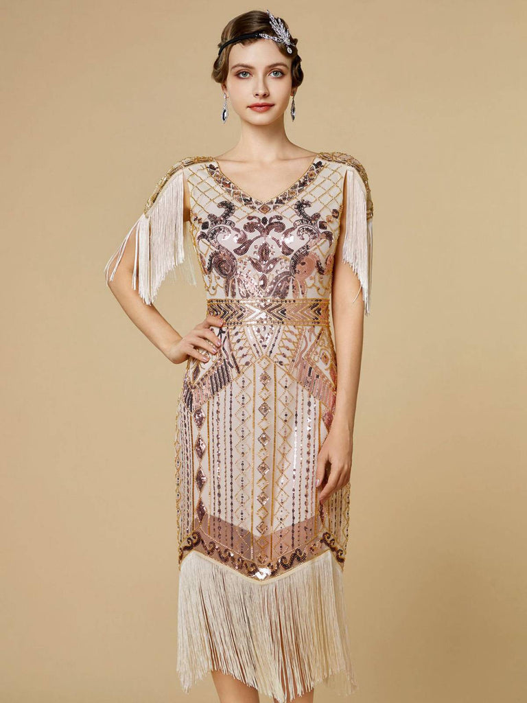 1920s Sequin Fringe Flapper V-Neck Dress