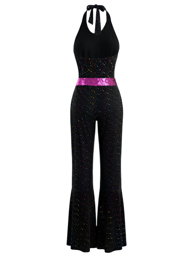 Black 1970s Disco Sequined Halter Flared Jumpsuit