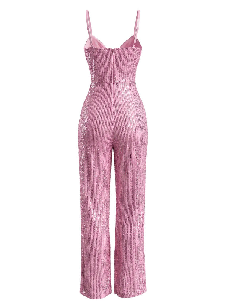 Pink 1930s V-Neck Spaghetti Strap Sequined Jumpsuit