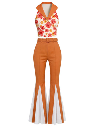[Pre-Sale] 2PCS Orange 1970s Floral Top & Belted Flare Pants