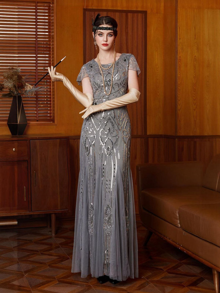 Gray 1920s Sequined Tulle Cap Sleeve Round Neck Dress