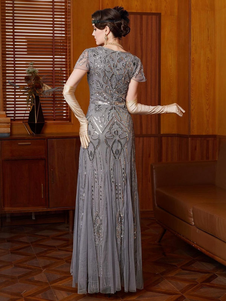 Gray 1920s Sequined Tulle Cap Sleeve Round Neck Dress